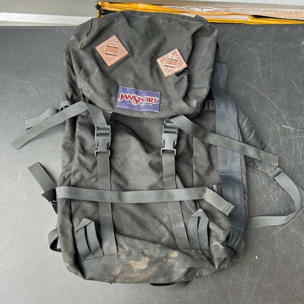 Vintage JanSport Made in USA Black Canvas Rucksack Backpack Leather Lash Tabs